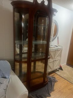 Cherry Wood Curved Glass Curio Cabinet