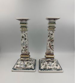 Handcrafted Portuguese faience ceramic candle holder set