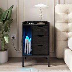Fameill Nightstand Set of 2 with Charging Station and LED Lights,3 Drawers End Side Table for Bedrooms Set of 2,Wooden Bedside Table with USB Ports