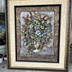 Antique painting of a vase in embossing, hand-painted Home Decor Wall Accents / Art Floral Wall Art – Textured Still Life Bouquet in Ornate Vase Frame