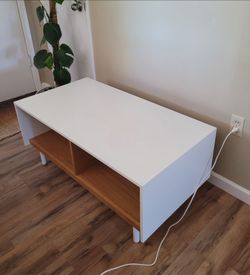 Satin White & Wood Scandi Minimalist Modern Storage Coffee Table