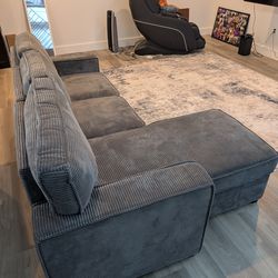 Gray Corduroy L-Shaped Sleeper Sectional with Storage - GREAT CONDITION