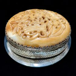 Vintage Hand Carved Golden Jade (Butter Quartz) Lidded Box With Mirror