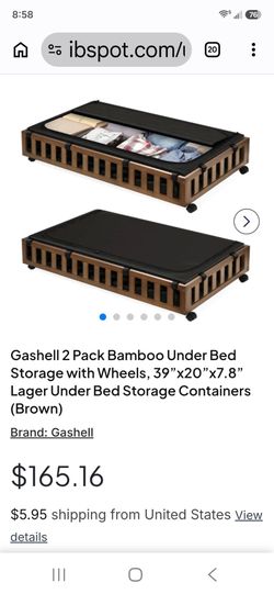 Gashell 2 Pack Bamboo Under Bed Storage Boxes with Wheels Brown