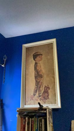 Vintage Framed Painting Boy with Dog