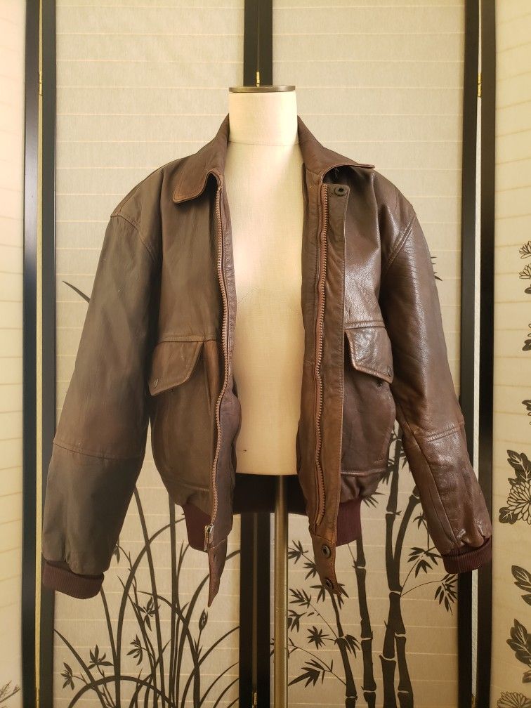 Real Leather Vintage Brown Bomber Jacket Small