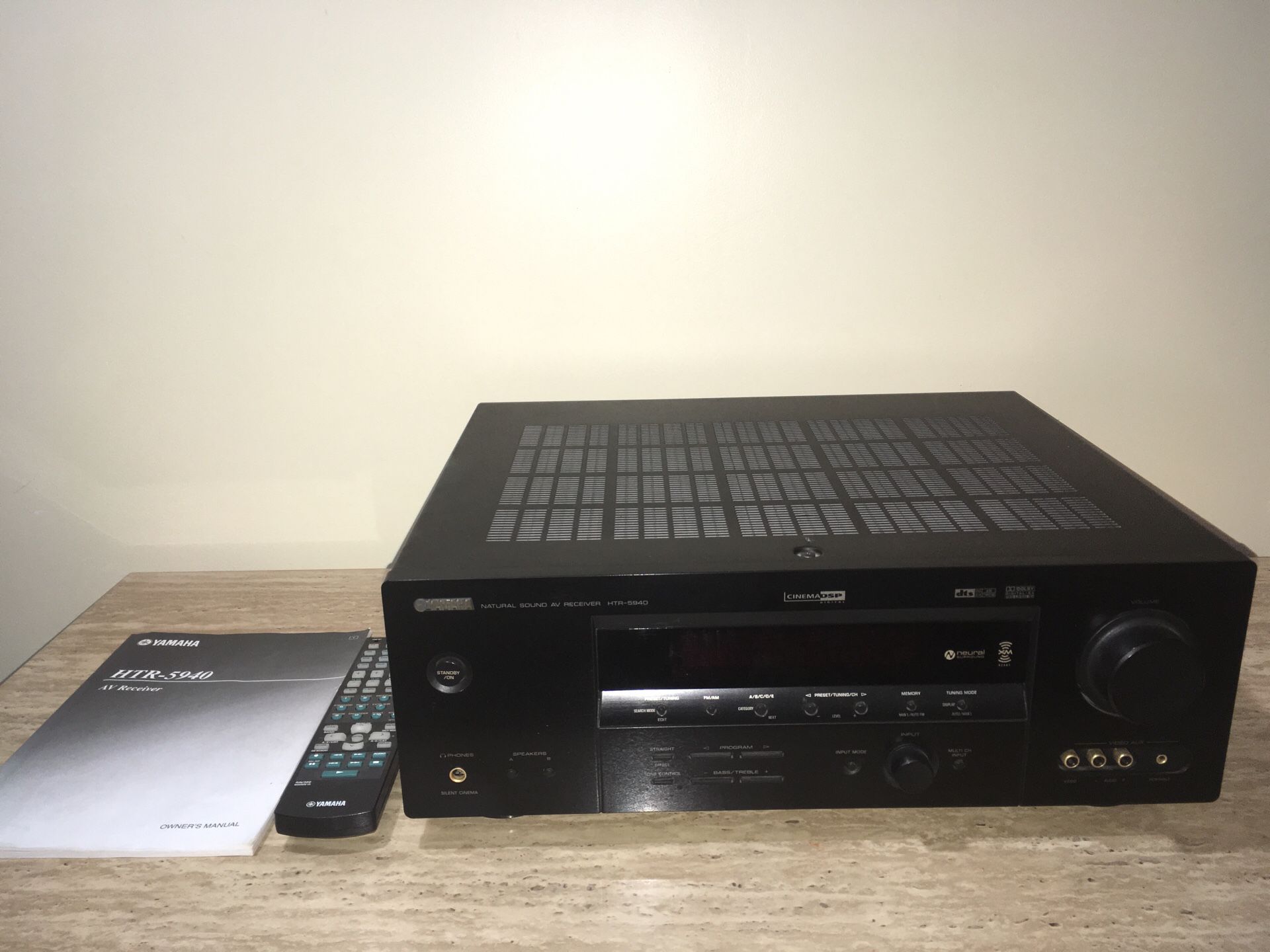 Yamaha Receiver with remote and owners manual, Yamaha subwoofer, woofer cable , audio cables for speakers, Palermo surround speakers