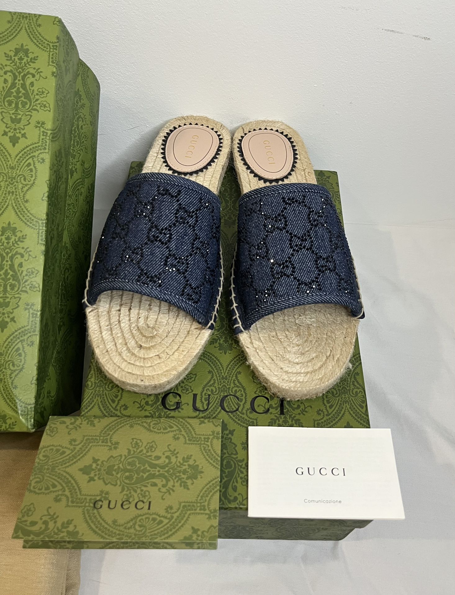Authentic New Gucci Pilar GG Denim Crystals Espadrille Sandals (Size: Euro 41 woman’s US 9-10)