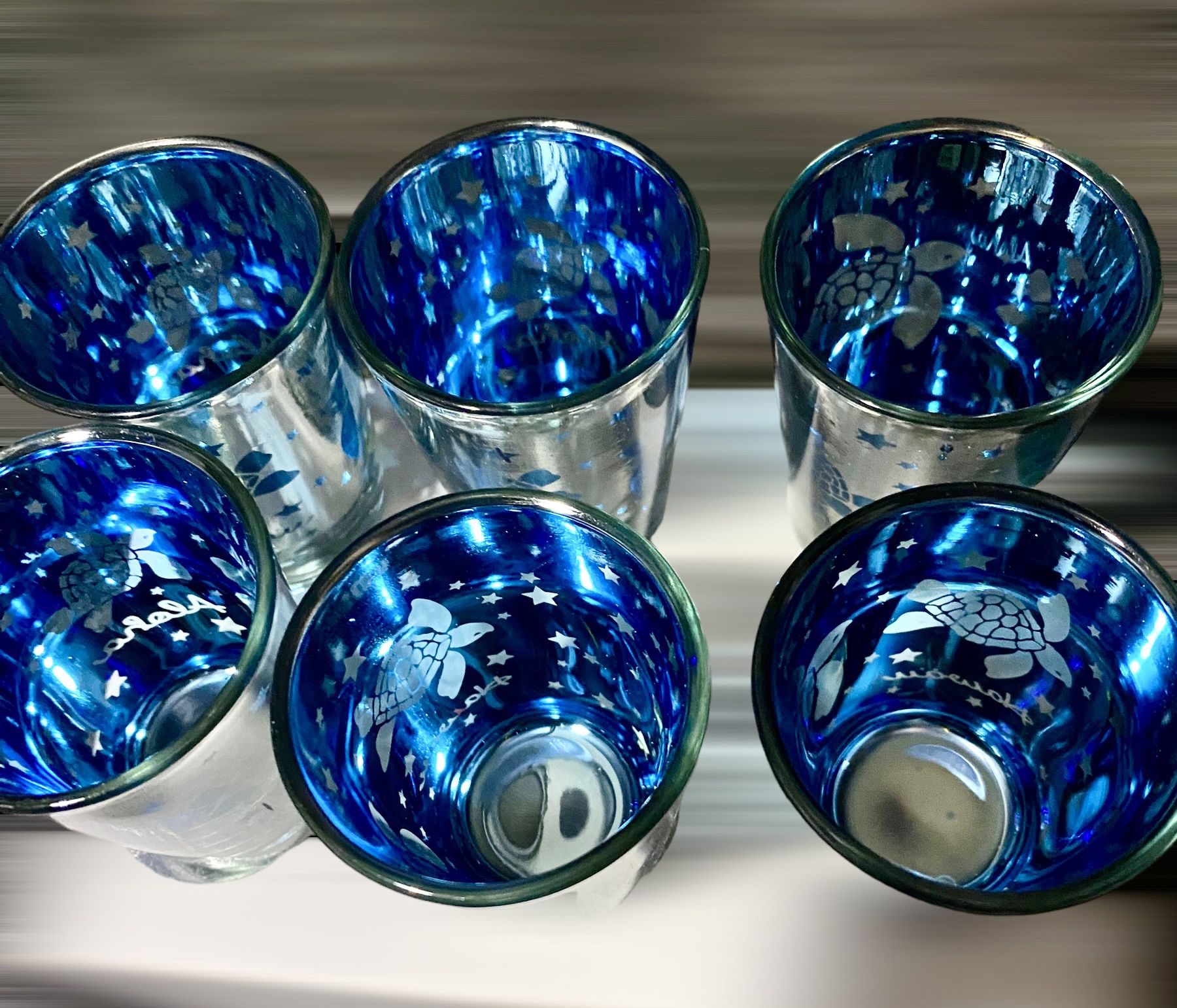Vintage  HAWAII shot Glass With Sea Turtle Blue Shiny Metallic Stars Theme Lot 6