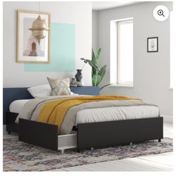 RealRooms Alden Platform Bed With Storage Drawers Queen, Black Faux Leather 