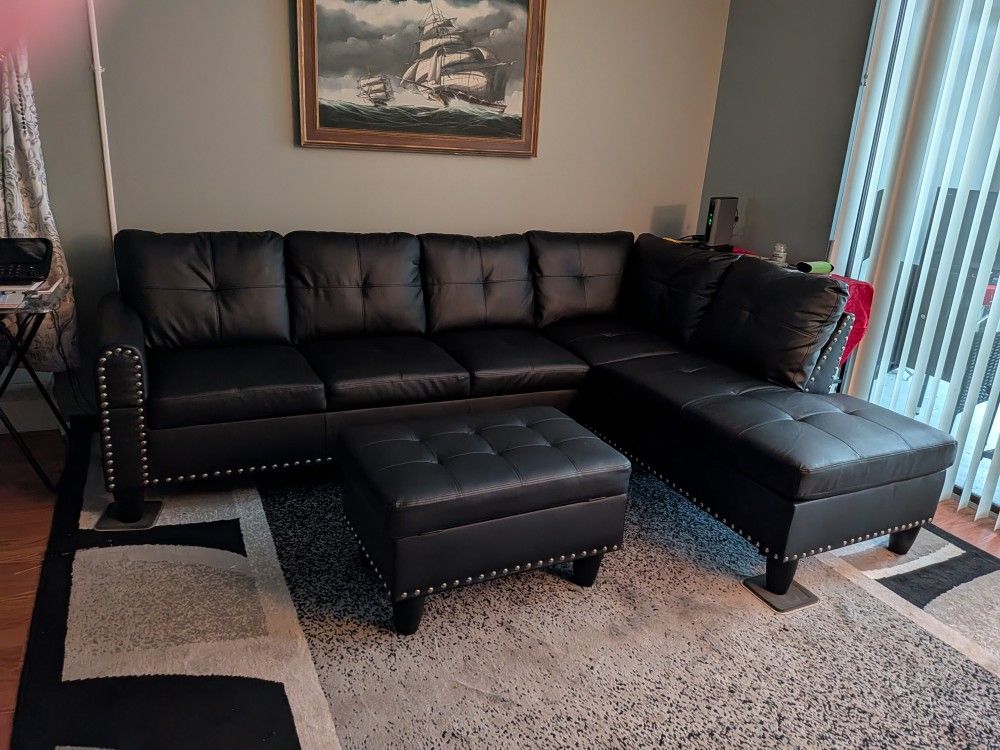 Faux Leather L Shape Sofa And Ottoman