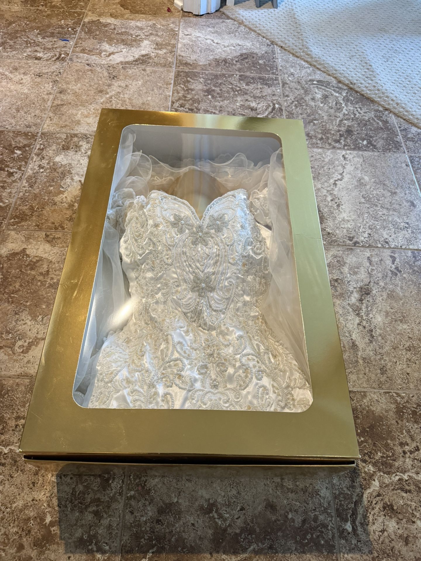 Size 16 Vintage Heavily Beaded Satin Wedding Dress with Train – Preserved in Keepsake Box
