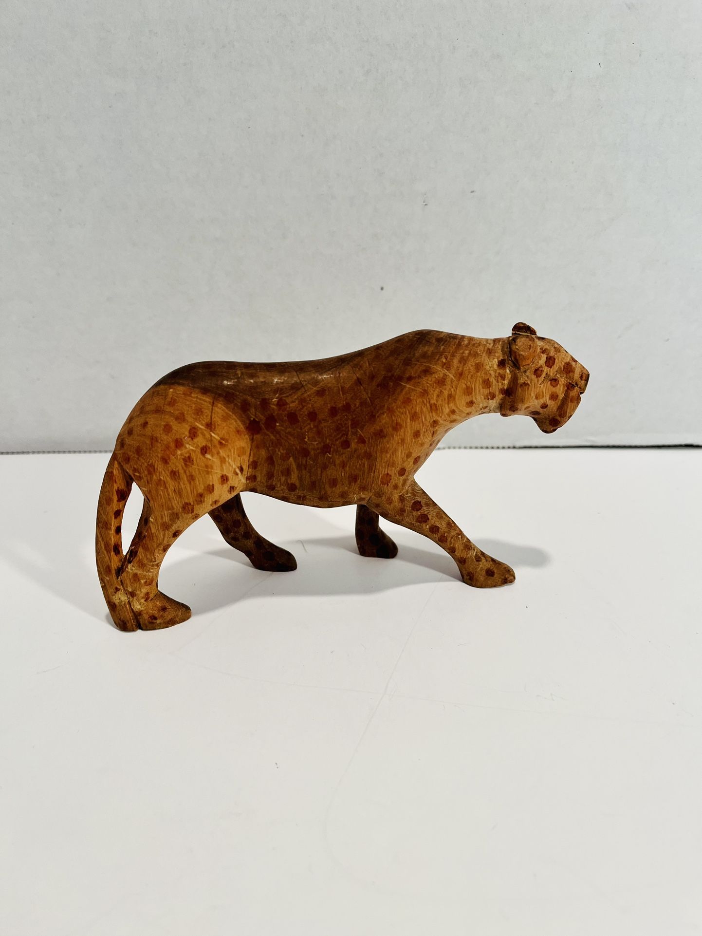 Hand Carved Wooden Jaguar Leopard Spotted Cat Figurine Wood - 5” long