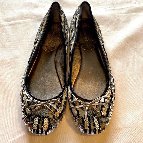 Coach 7 Flats Black and Silver Sequin with Bow 