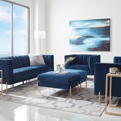 ✨ Bella Dark Blue Velvet Living Elegant, Like New ✨ Room set—featuring the sofa, loveseat, and chair