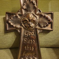 Ceramic "God Bless This Home" Fleur De Lis Design Wall Cross Decor Brown