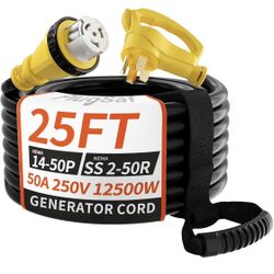50 Amp Generator Cord, 25FT 50 Amp RV Extension Cord with Twist Lock, Generator Cable 50A 4 Prong Yellow, NEMA 14-50P/SS2-50R Heavy Duty STW Wire for 