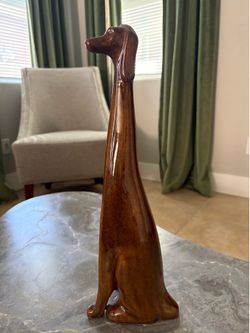 MCM Brown Pottery Sculpture Long Neck Dog Dachsund Greyhound Mid Century Modern