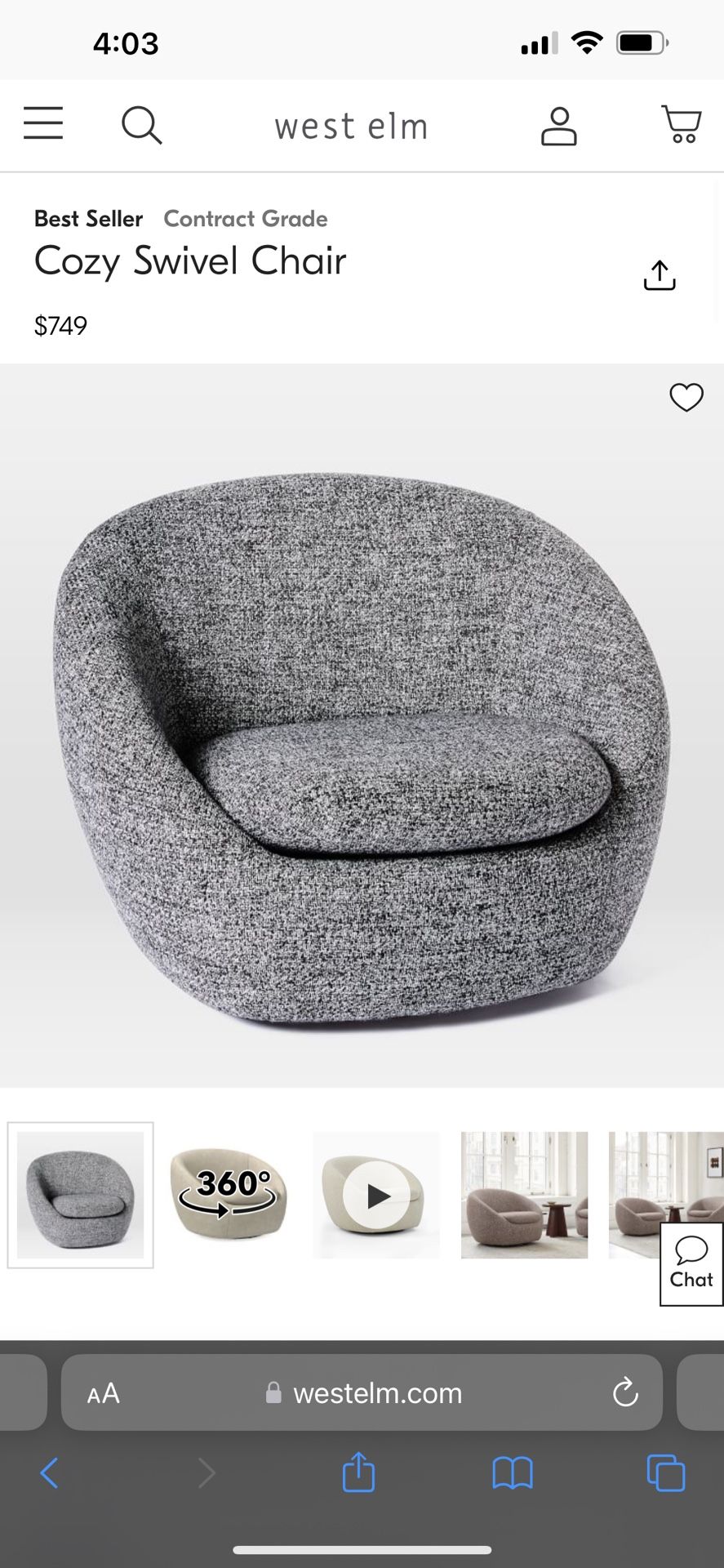 West Elm Cozy Swivel Chair
