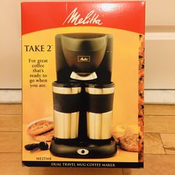 Melitta Dual Travel Mug Coffee Maker. Brand New still sealed in original box. Including 2 Stainless Steel 14-oz. travel mugs with rubber grips. Brews 