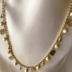 Vintage Gold Tone Heart, Pearl And Wrapped Rose Charm Necklace 34” Long