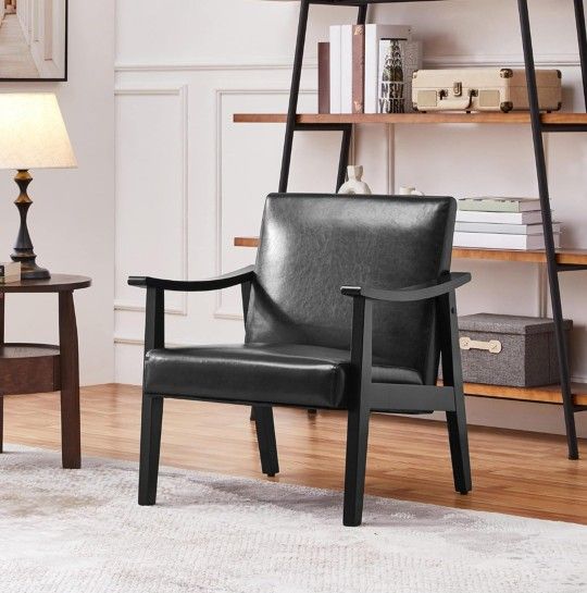 Yaheetech PU Leather Accent Chair Mid-Century Modern Armchair, Black 🌱