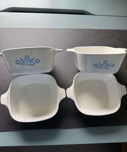 Really Cool Set of Four Corning: Petite Square Cornflower Blue Casserole Dishes Bakeware Stoneware #P-43-B/P-41-B Vintage