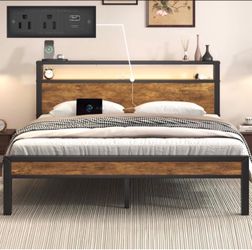 Queen Size Bed Frame with LED Light and Charging Station,Brown,Industrial Metal Platform Bed, Wood Storage Headboard