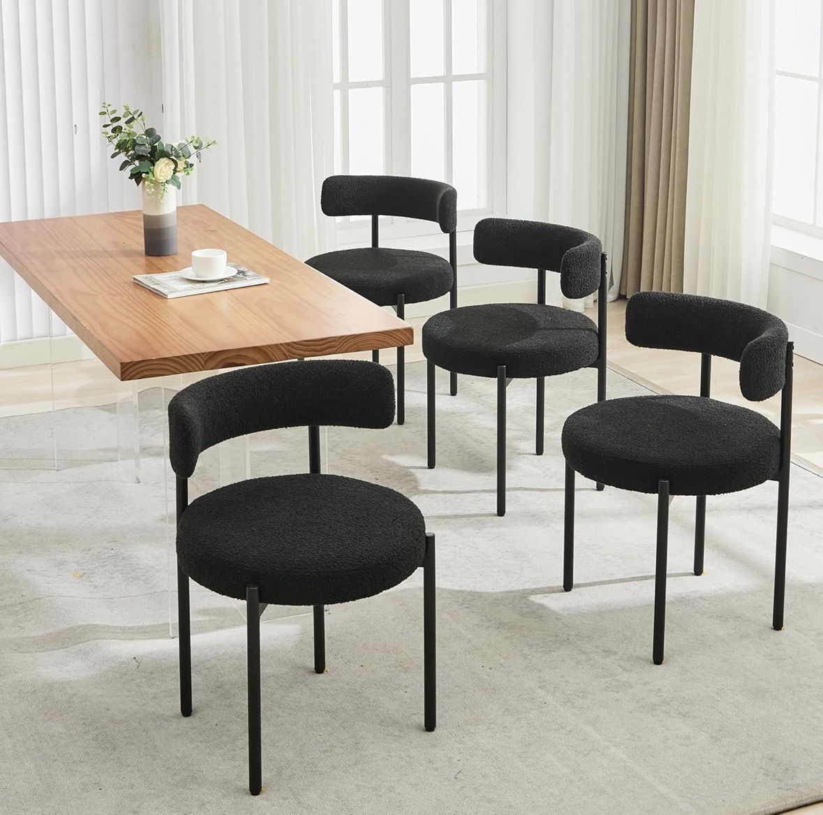 M139-Boucle Dining Chairs Set of 4, Mid Century Modern Dining Room Chairs with Barrel Backrest, Upholstered Black Kitchen Chairs for Dining Room, Rest