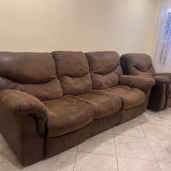 3 piece couch set: loveseat, reclining chair, and reclining sofa 
