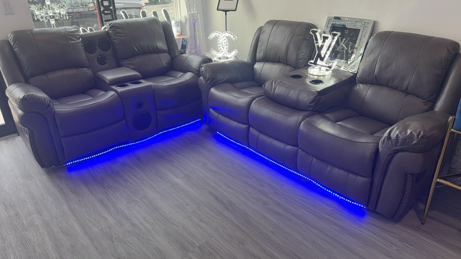 RECLINING SOFA AND LOVESEAT WITH BLUETOOTH SPEAKERS AND MORE!