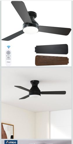 Amico 42 Inch Black Low Profile Ceiling Fans with Lights and Remote Flush mount, 3-color dimmable light, quiet reversible DC motor, easy install, memo