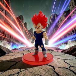 #K) Dragon ball Z 2.5"Majin Vegeta Super Saiyan God Transformation State Figure With Base. This 2.5-inch PVC Majin Vegeta figure features red hair and