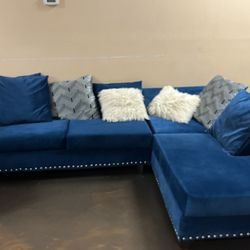 Blue Velvet Sectional Couch Set (2 Pieces)