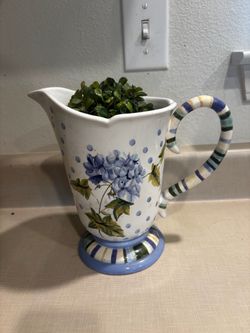 Ceramic Floral Pitcher with Polka Dots