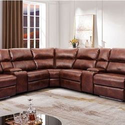 Brand New Top Quality Brown Leather Power Reclining Sectional Sofa