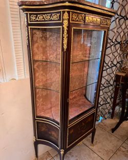 Antique French Marble Top With Bronze Accent Cabinet 