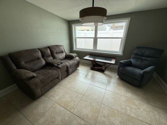 Dual Recliner sofa, single recliner, coffee table