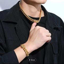 18K Gold-Plated Unisex Cuban Chain | Stainless Steel Luxury Necklace & Bracelet | Trendy Fashion Jewelry for Men and Women