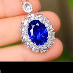 14k Gold NATURAL Blue Bizuteria Real Sapphire Oval Pendant Necklace 