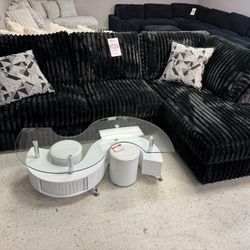 BALCK OVERSIZED SUPER SOFT PLUSH FABRIC SECTIONAL COUCH SET  