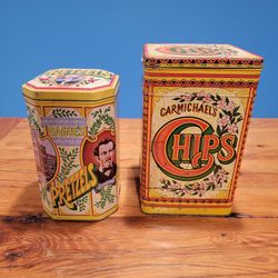 VINTAGE GENUINE CARMICHAEL'S CHIPS & PRETZELS DECORATIVE CONTAINERS LID CANISTER