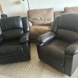 Two FAUX Leather Recliners - 1 Black, 1 Brown SOLD TOGETHER 