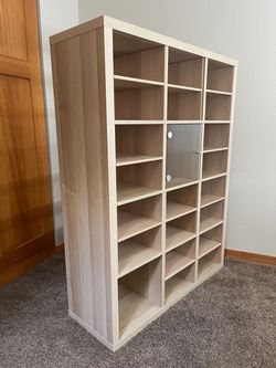 Large Wood Grain Cubby Shelf Unit with Glass Door