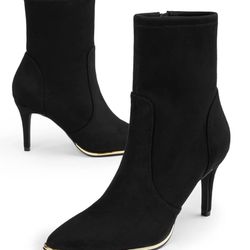 Black Suede Pointed High-Heel Booties w/Gold Trim