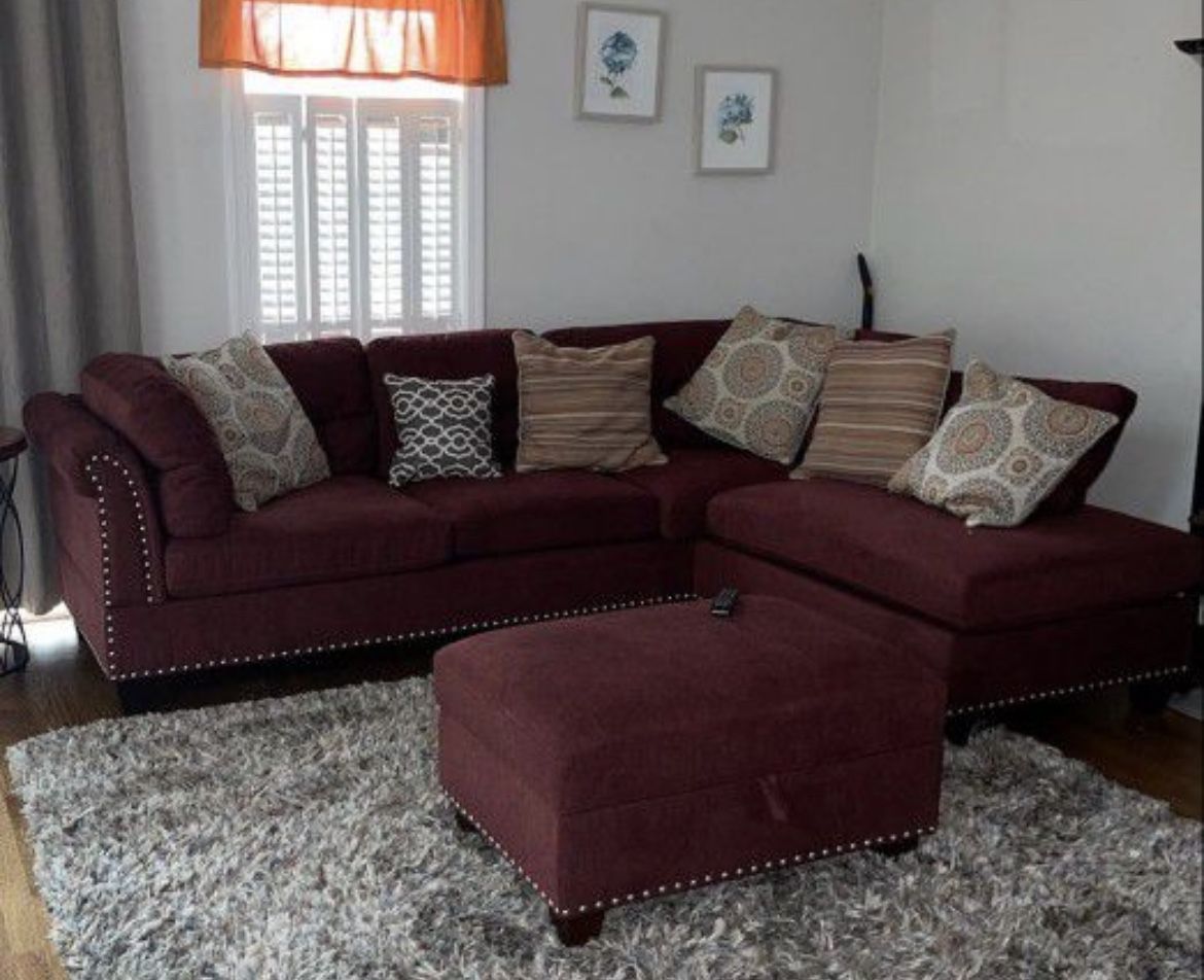 Brand New Red Velvet Sectional Sofa With Storage Ottoman (Available For Same Day Pick Up)