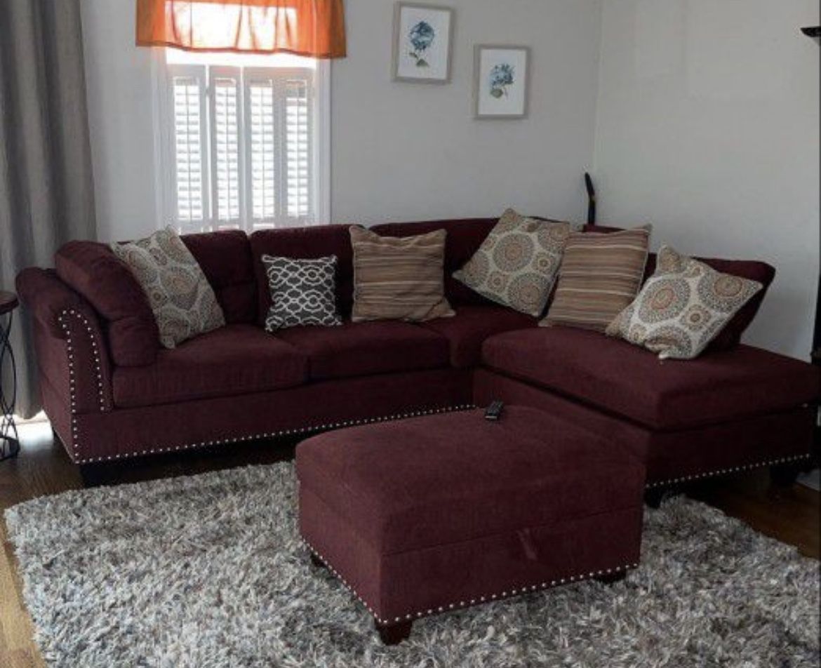 Brand New Red Velvet Sectional Sofa With Storage Ottoman (Available For Same Day Pick Up) 