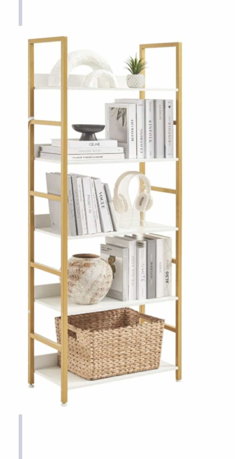 5 Tier Glod Bookshelf, Open Shelf for Storage, Tall Narrow Bookcase, 5 Shelf Corner Bookshelf with E