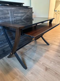 Glass Top Computer Desk with Sliding Keyboard Tray – Dark Wood & Metal