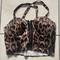 Leopard print corset top with zipper detail in black and brown Size 8-10